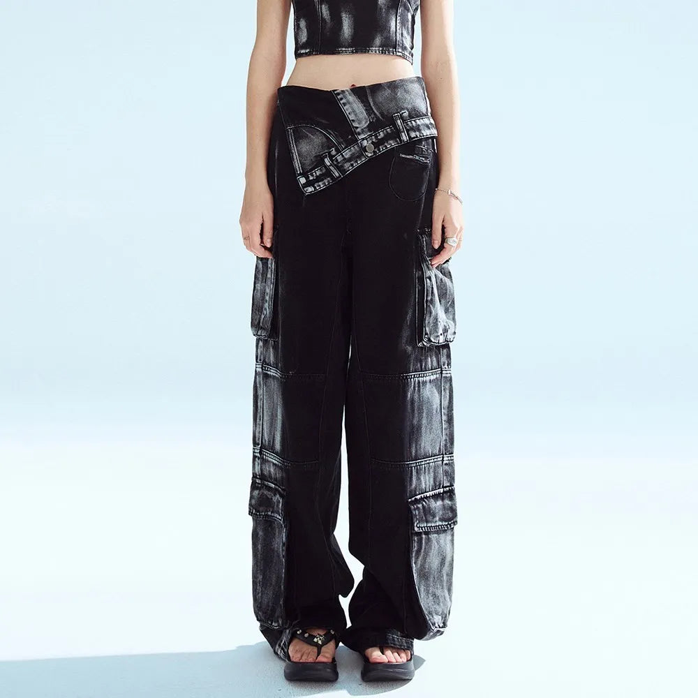 BPN Black Gothice Cargo Jeans For Women High Waist Patchwork Pockets Y2K Vintage Wide Leg Denim Pants Female Fashion Clothing BLACK