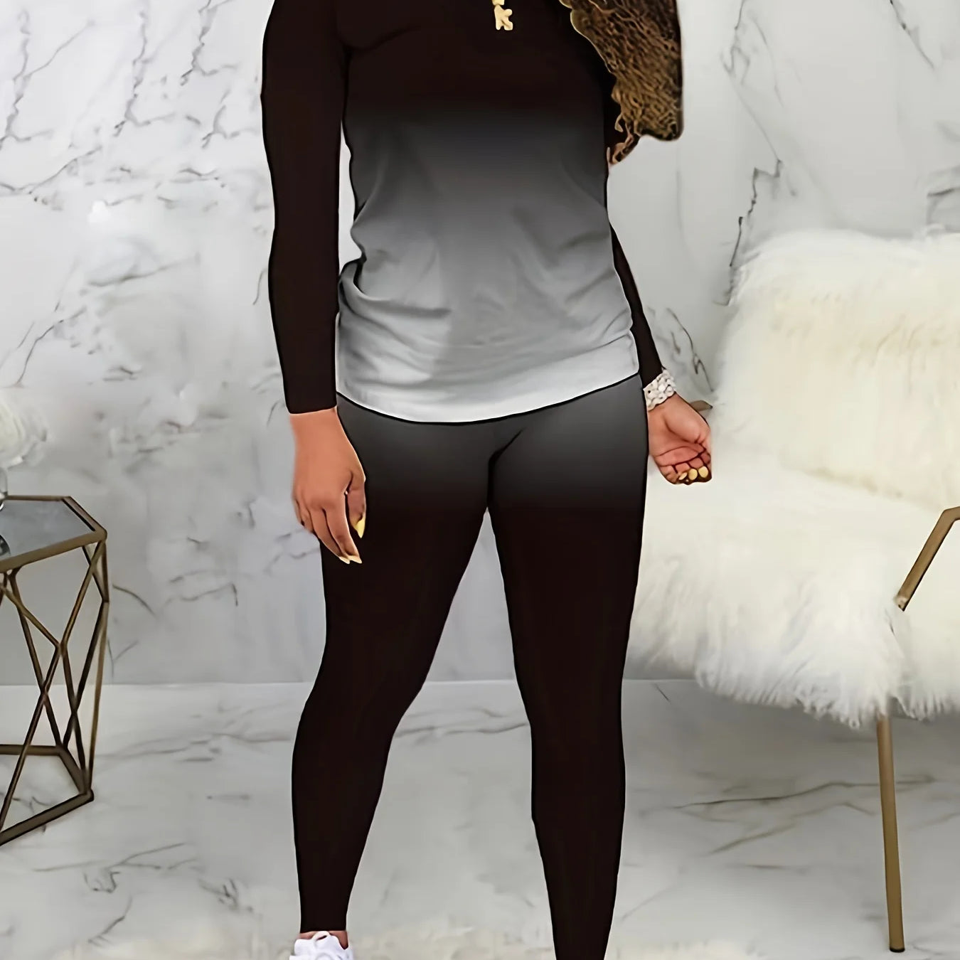 Plus size European and American cross-border spring and autumn new round neck gradient long sleeve trousers casual suit