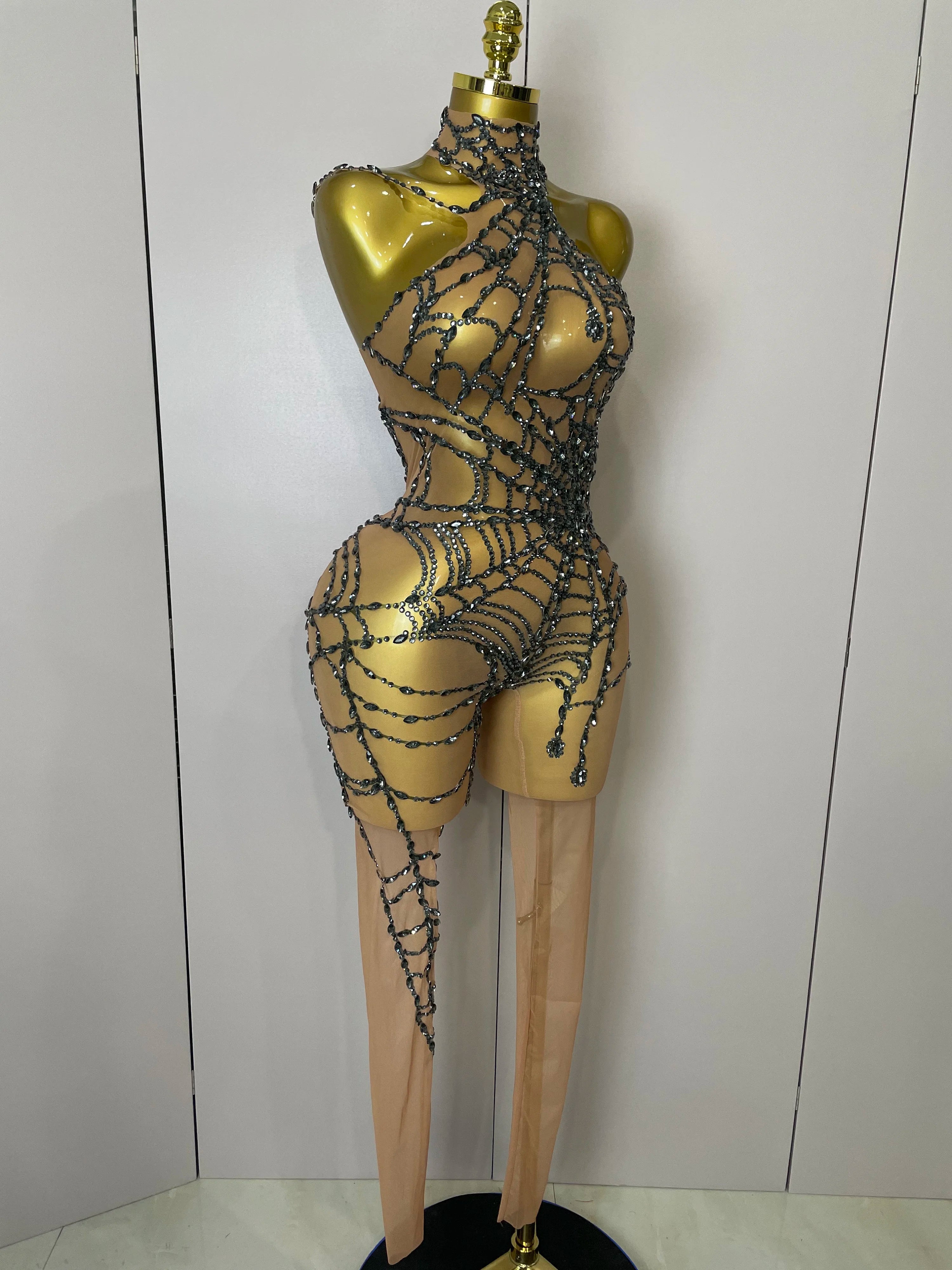 STOCK 2025Women Sparkly Diamond Sexy Mesh Jumpsuit Nightclub Bar Party Show Gogo Dancer Clothing Drag Queen Outfit Stage Costume