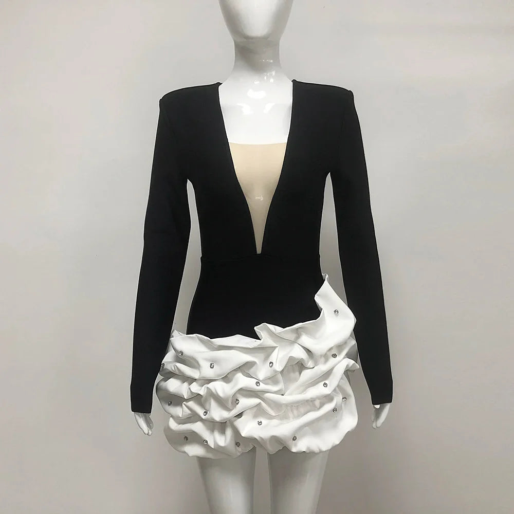 Black Color Women Long Sleeve Sexy V-Neck Bodycon Mini Bandage Dress Celebrate Evening Party Birthday Dress