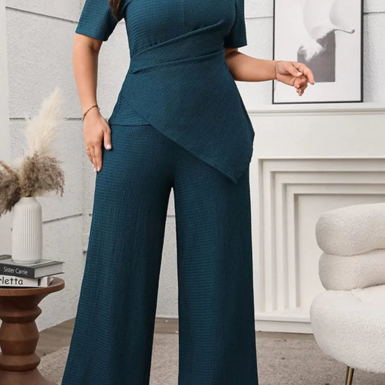 Plus Size Summer 2 Two Piece Set Women Irregular Slim Waist Fashion Ladies Blouses Wide Leg Loose Pleated Woman Long Pants