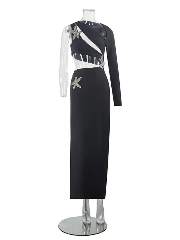 Ailigou New Women's Black Sexy Hollow Diamond Starfish Long Sleeve Tight Long Bandage Dress Elegant Celebrity Party Dress