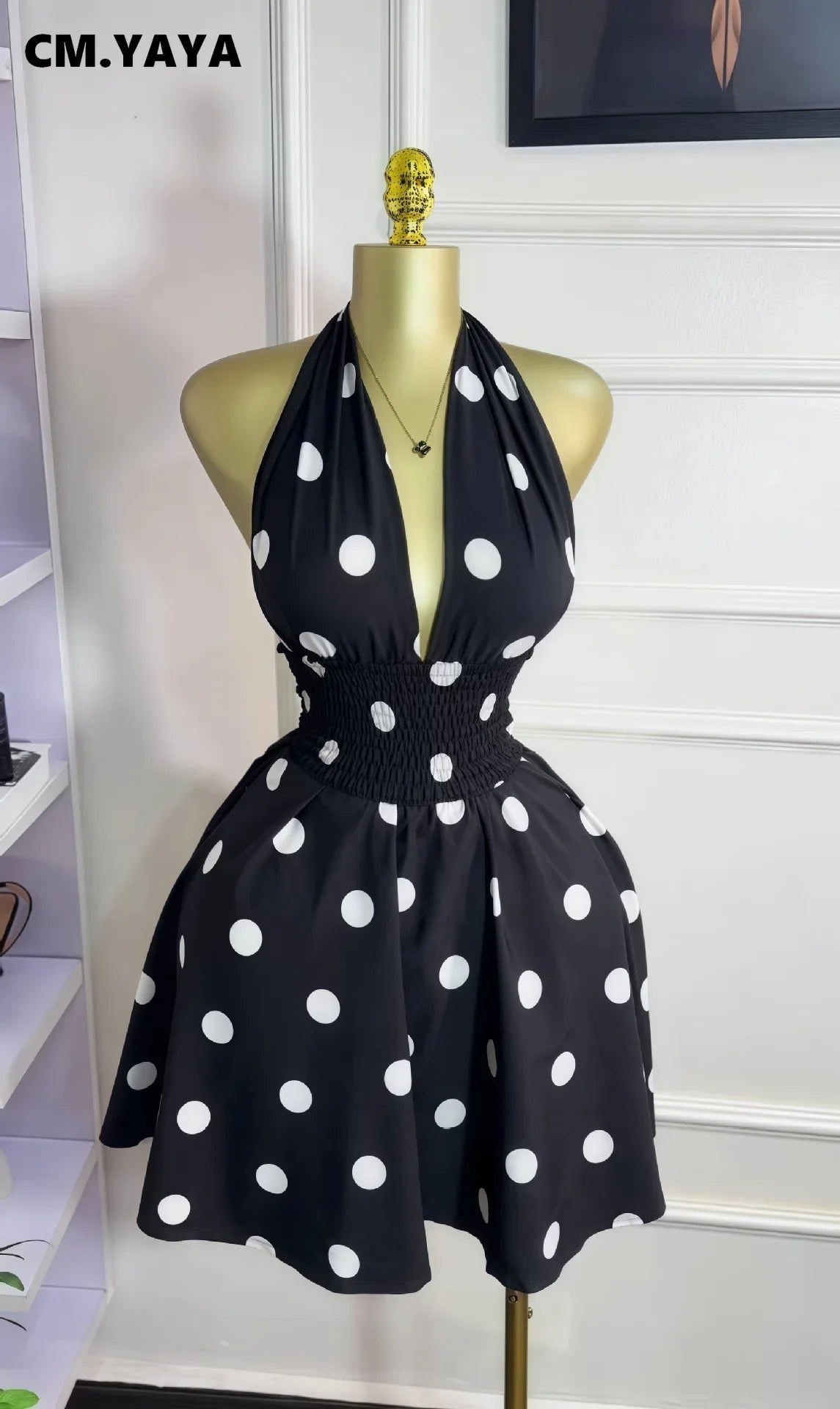 CM.YAYA Women Dot Printed Sleeveless Halter V-neck Big Swing A-line Mini Dress 2025 Summer Vacation Sexy Party Evening Dresses