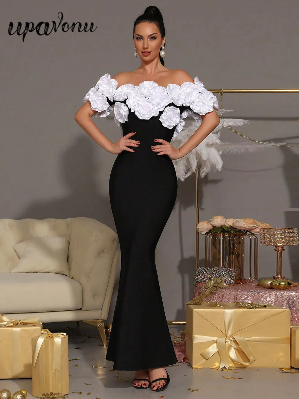 2025 Elegant Women Light Luxury Flower Design Bandage Dress with One Collar Shoulders Bodycon Banquet President's Dress Vestidos