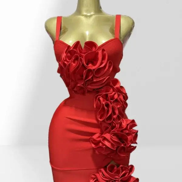 New Summer Stereoscopic Flowers Sexy Hollow Out Spaghetti Red Bandage Mini Dress Sweet Woman Party Dress Birthday Party Vestido