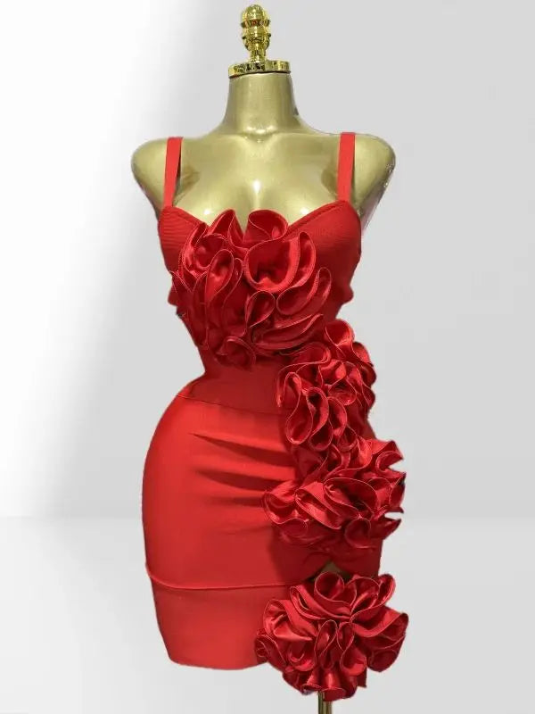 New Summer Stereoscopic Flowers Sexy Hollow Out Spaghetti Red Bandage Mini Dress Sweet Woman Party Dress Birthday Party Vestido