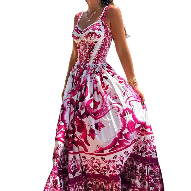 Runway Red White Porcelain Floral Print Long Maxi Beach Dresses Women Straps Sundress
