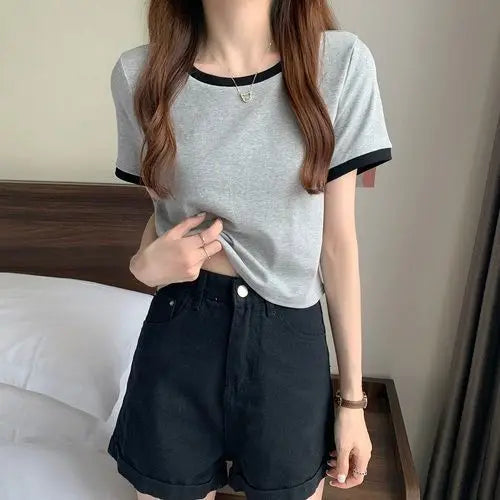 Women Short T-shirts Summer Lady Patchwork Korean Slim Cropped Tee Shirt Tops CDPF-WYP-6762 Gray