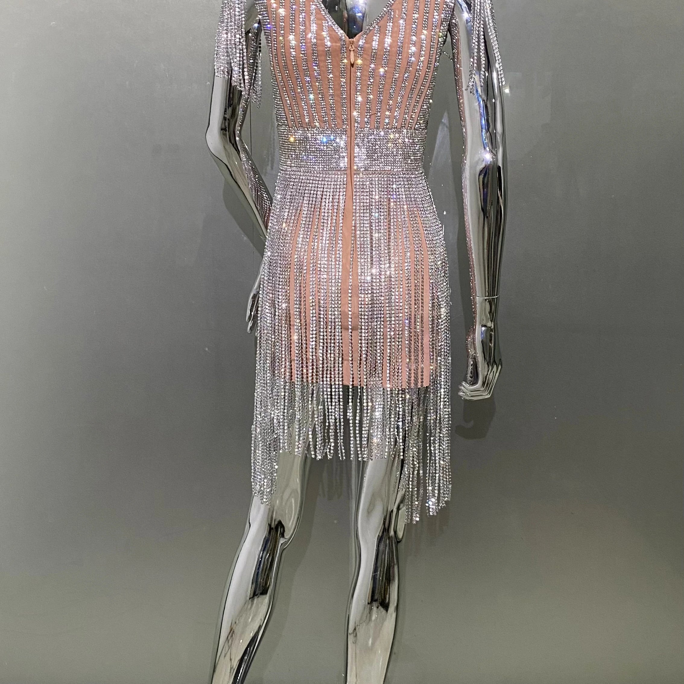 STOCK High Quality Super Shining Diamonds Tassel Sleeveless Mini Evening Dress Woman Birthday Party Outfit Performance Costume