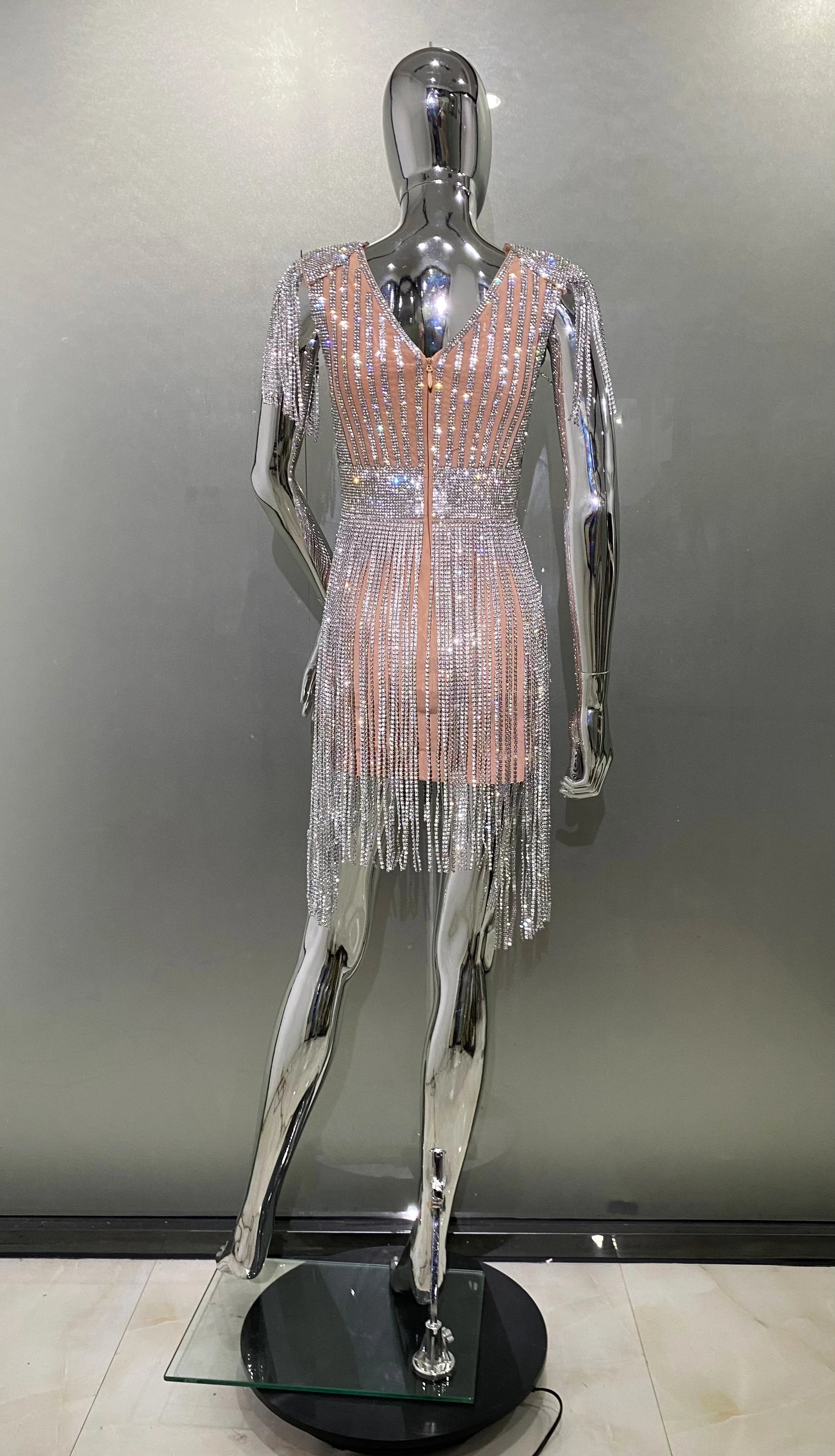 STOCK High Quality Super Shining Diamonds Tassel Sleeveless Mini Evening Dress Woman Birthday Party Outfit Performance Costume