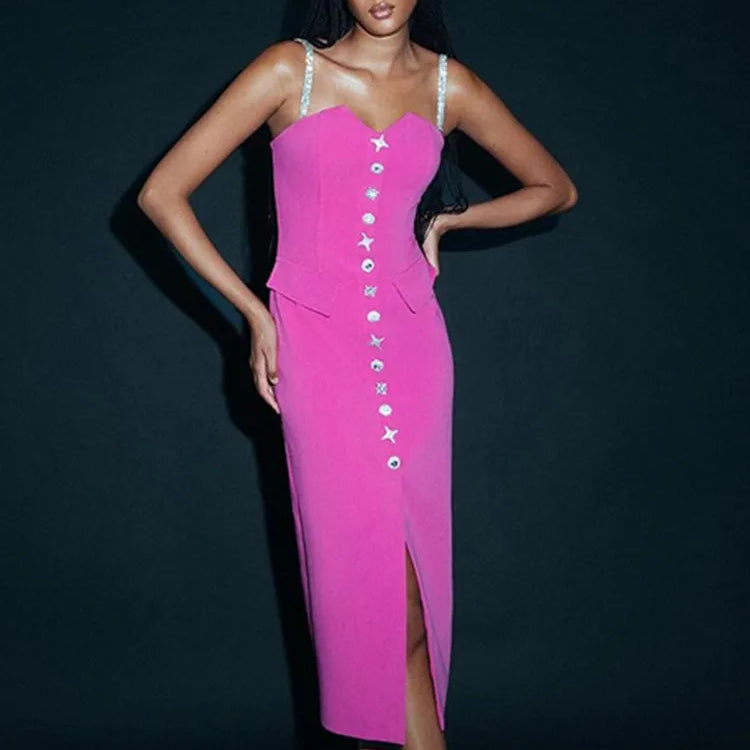 Women Celebrity Sexy V Neck Backless Button Hot Pink Midi Bodycon Bandage Dress 2024 Elegant Evening Club Party Outfit