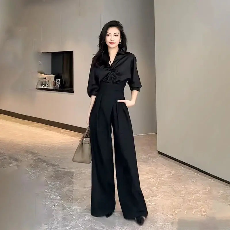 Black Design Wide-Leg Pants Women's Slimming Suit Pant Magic High Waist Loose Straight Drooping Mopping Casual Trousers
