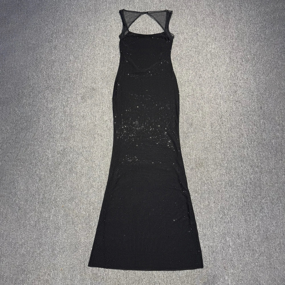 VC Multi Colours Shiny Rhinestones Mesh Patchwork Long Dress For Women Backless Slim Bodycon Evening Party Cocktail Gowns