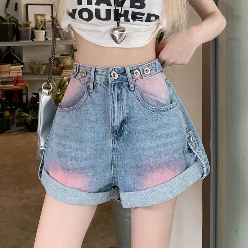 Women's Summer American Retro Jeans Blue Black High Street Button Washed Painted Y2K Design Loose Wide Leg Denim Shorts New