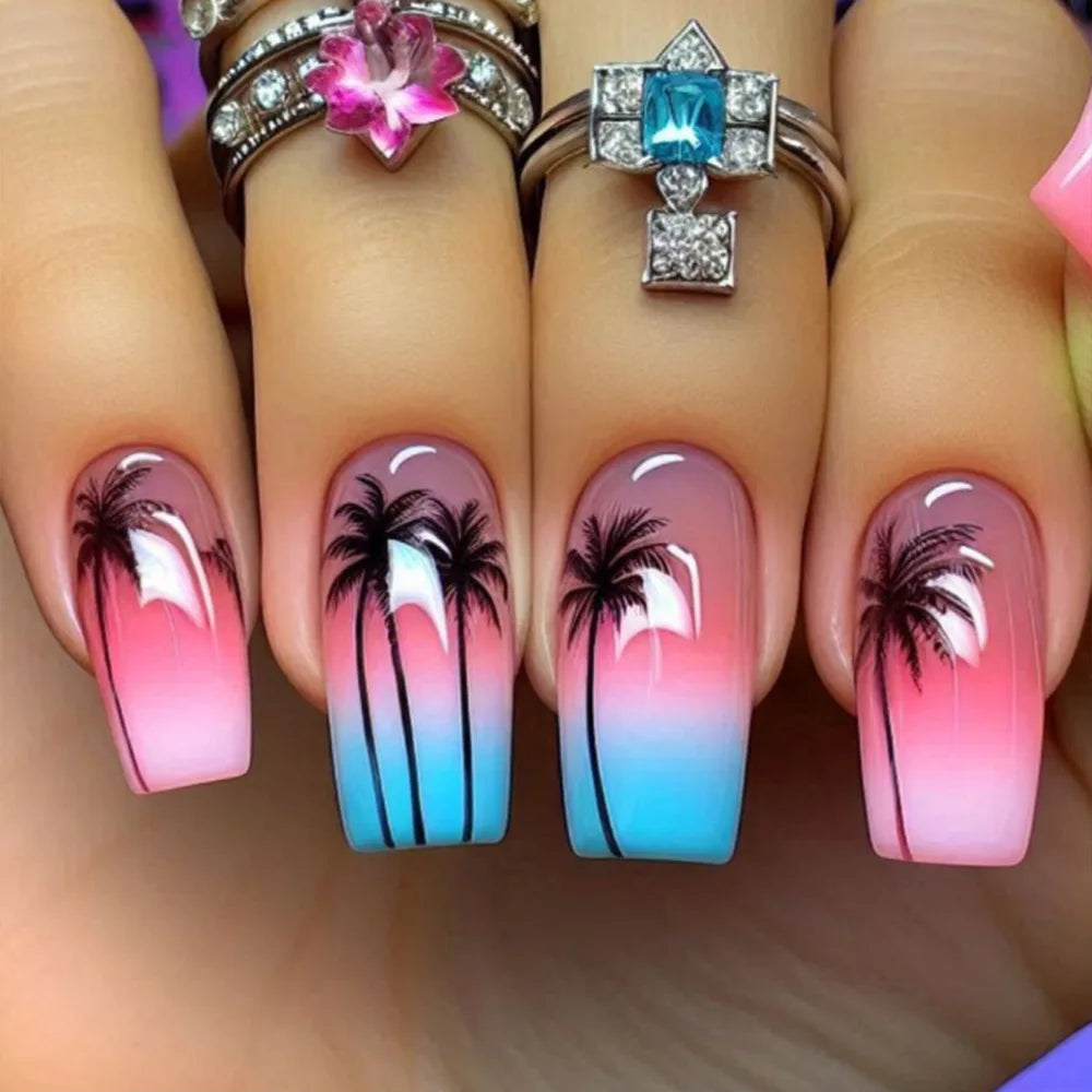 24Pcs Holiday Style Square Fake Nail Powder Blue Gradient with Coconut Tree Pattern Press on False Nail Wearable French Nail Tip