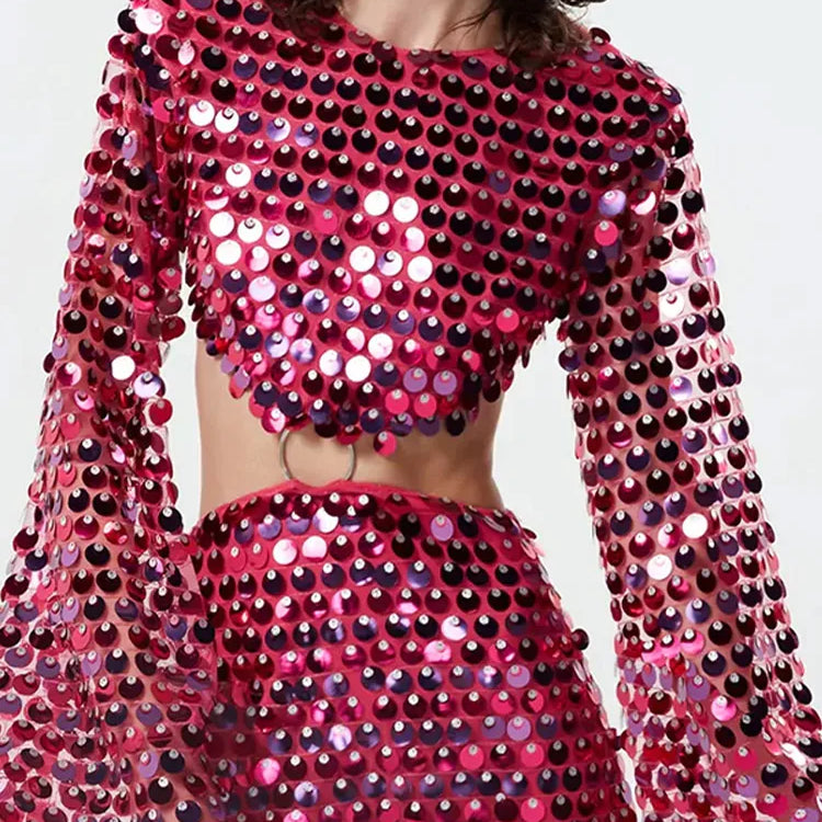 Sexy Sequined Evening Dress Women Long Sleeve O Neck Slim Backless Fashion Mini Dresses Party Hallow Out Ferrule Robe