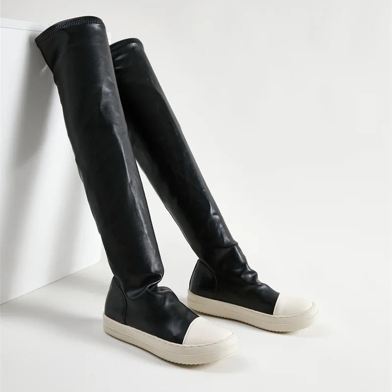 Women Stretch Tight Boots Flat Thick Bottom Shoes Women's Over-the-knee Boots Casual Black Leather Women's Thigh High Boots