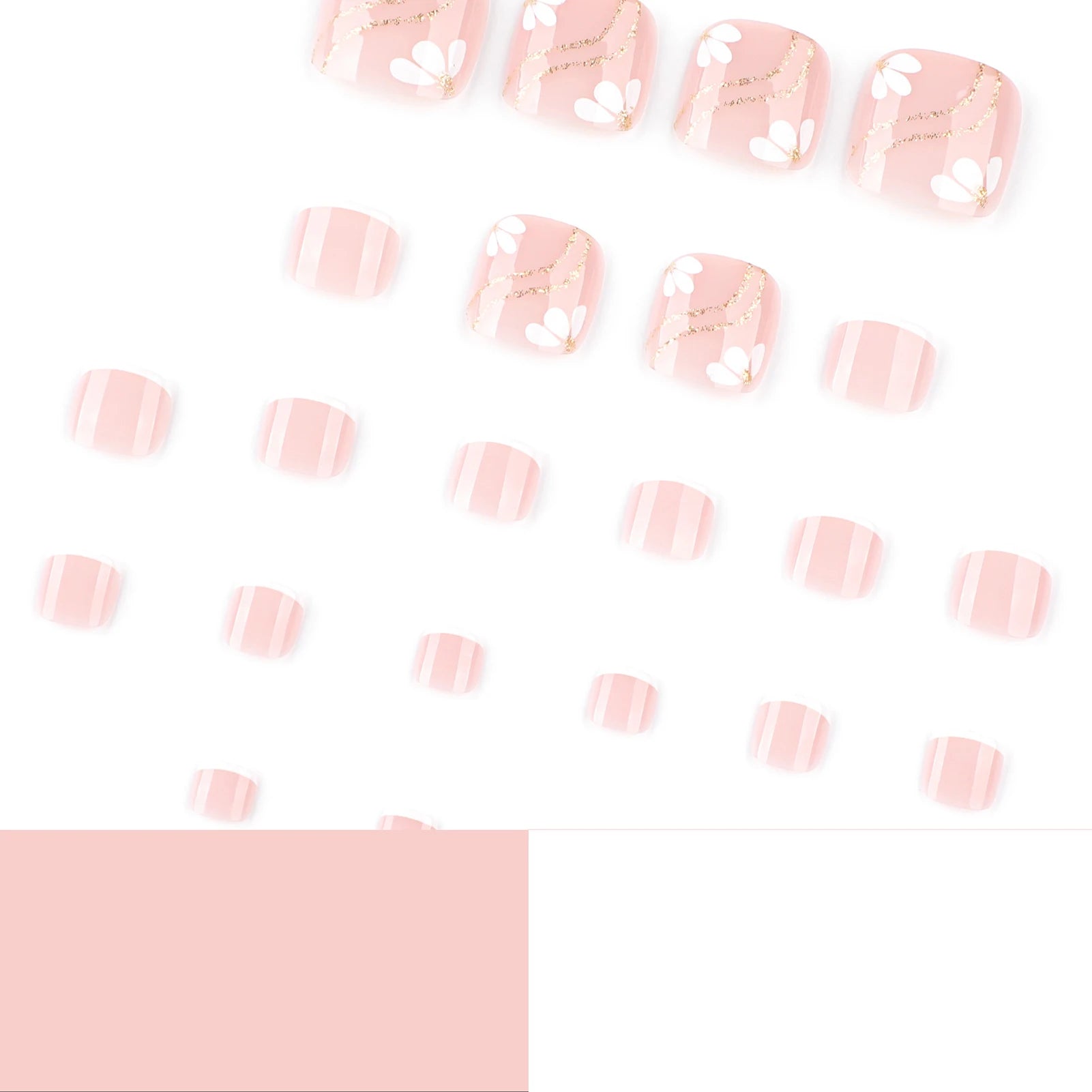 Nude Pink Color Fake Toenails 24Pcs Simple Charm Press On Toes Nails Flower Printed White French Tip Reusable False Nails