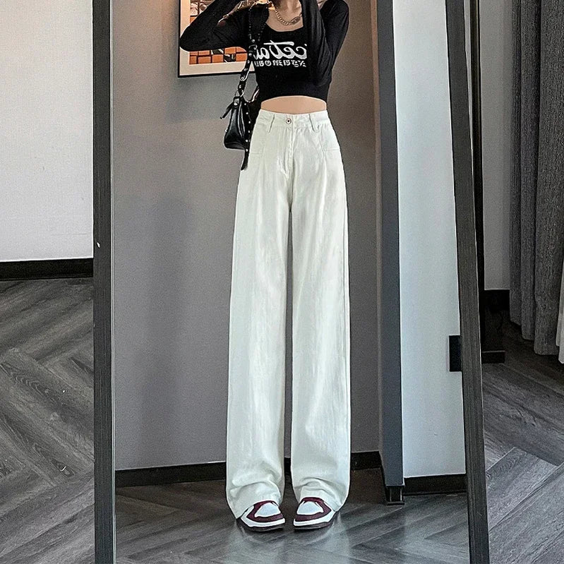 American Retro 2024 Spring New Women's Wide Leg Pants Street Ladis Casual Jeans Fashion Vintage Loose Straight Trousers Apricot