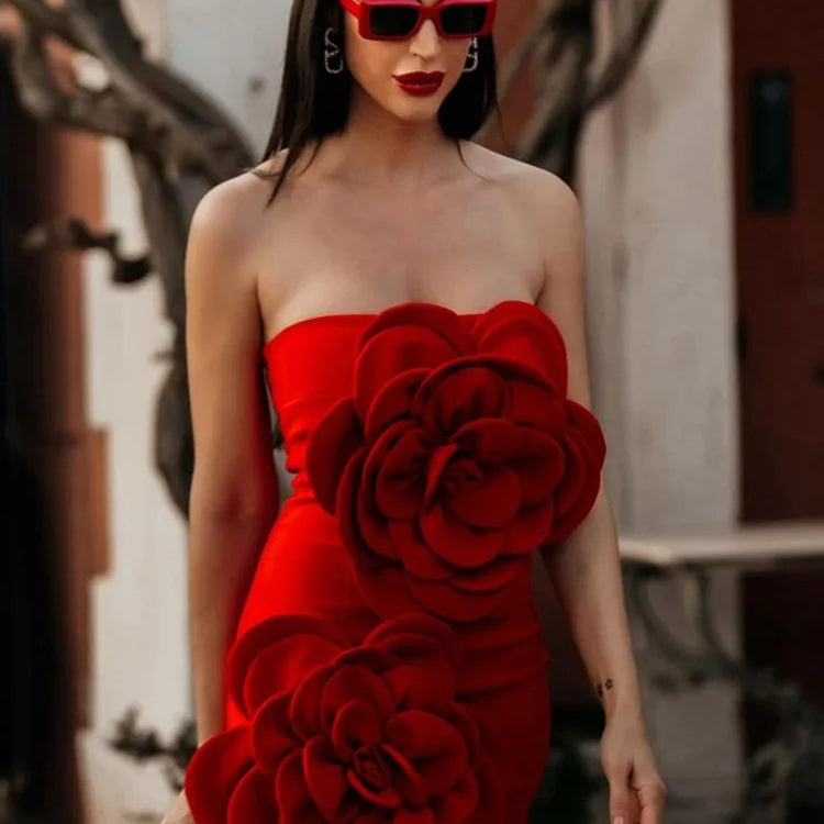 Women Celebrity Sexy Strapless Backless Flower Mini Gowns Dress 2024 Elegant Evening Party Club Dress Vestido