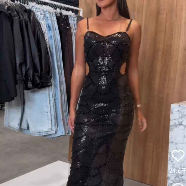 Red Black Color Women Sleeveless Sexy Beading Shinning Sequins Bodycon Long Dress Christmas Style Evening Party Cocktail Dress