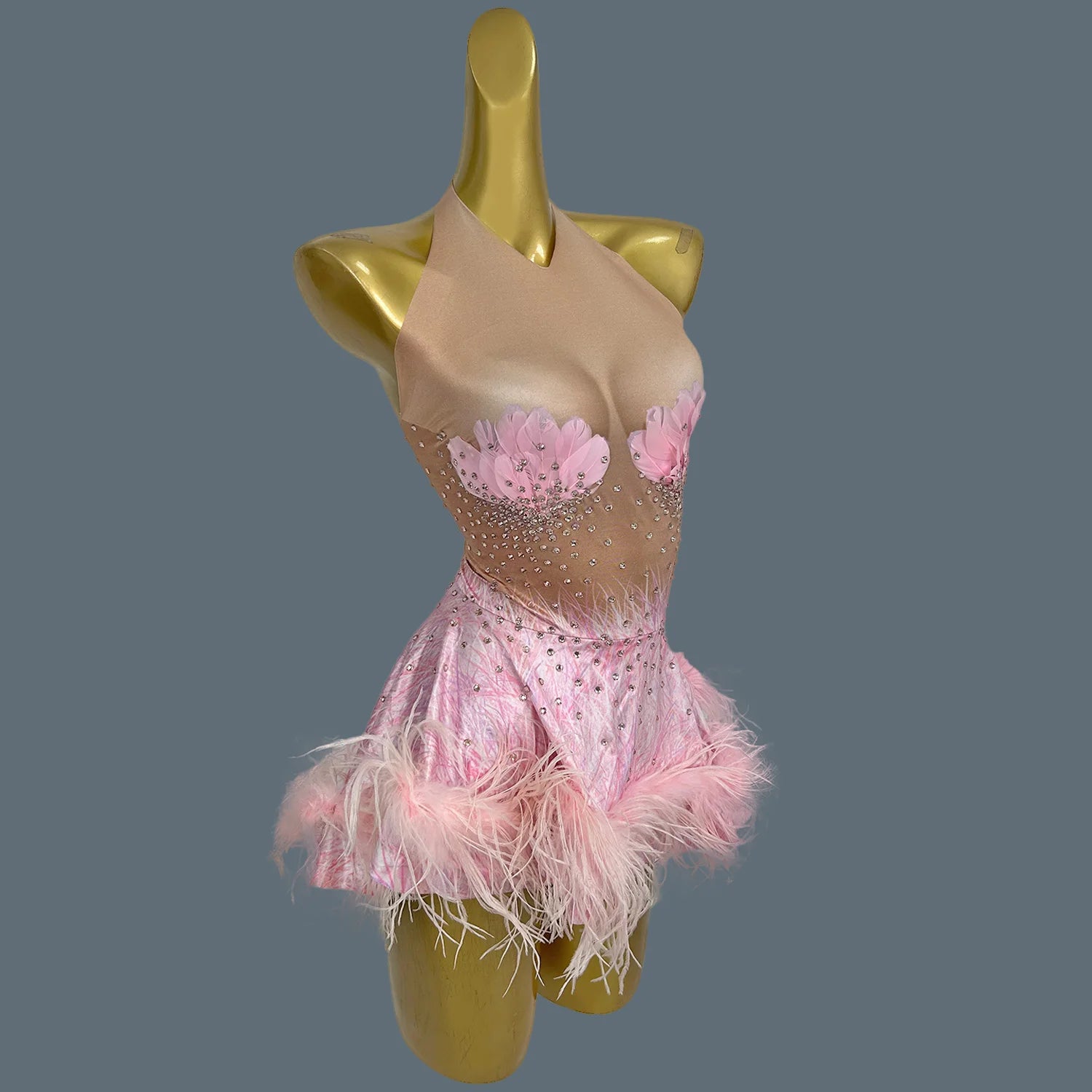 Sparkly Showgirl Stage Performance Sexy Ultra Short Dress Sexy Women Night Party Mini Dress Spandex Feather Dresses Huolieniao