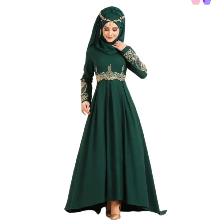 New In Women Dress NO Scarf Elegant Muslim Islam Abaya Embroidered Elastic Falbala High Waist Slim Party Robe Swing Robe Dresses