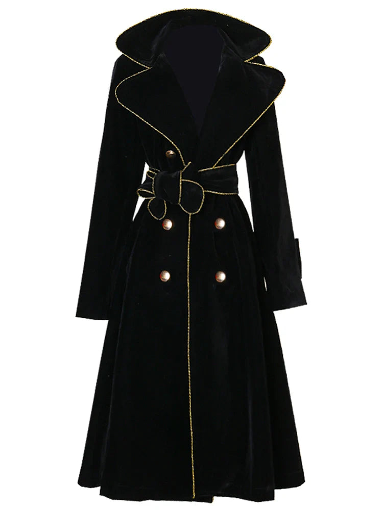 Spring Autumn Long Black Velvet Trench Coat for Women with Gold Trim Sashes Double Breasted Luxury Designer Fashion 2022