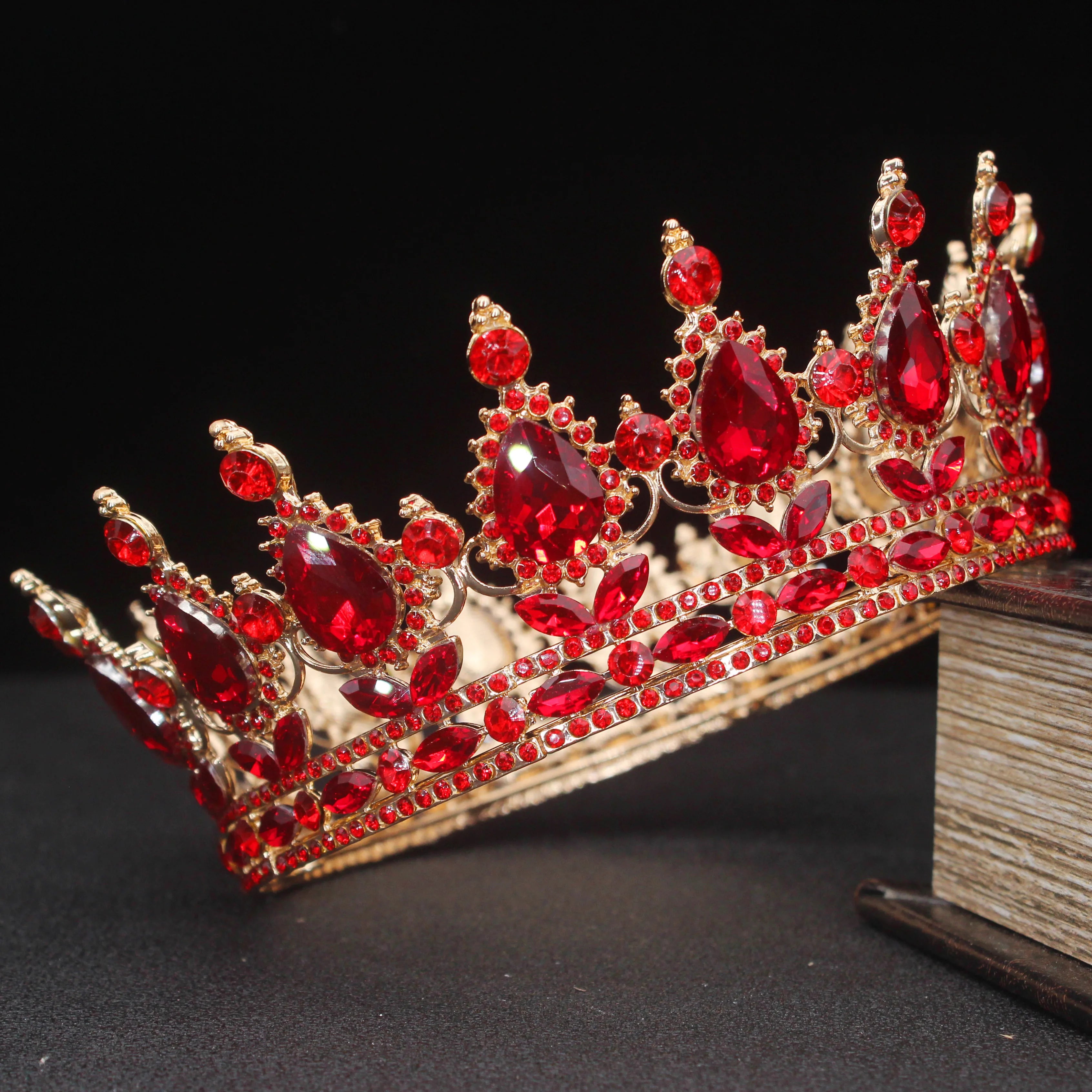 Crystal Queen King Tiaras and Crowns Bridal Diadem For Bride Women Headpiece Hair Ornaments Wedding Head Jewelry Accessories Gold All Red