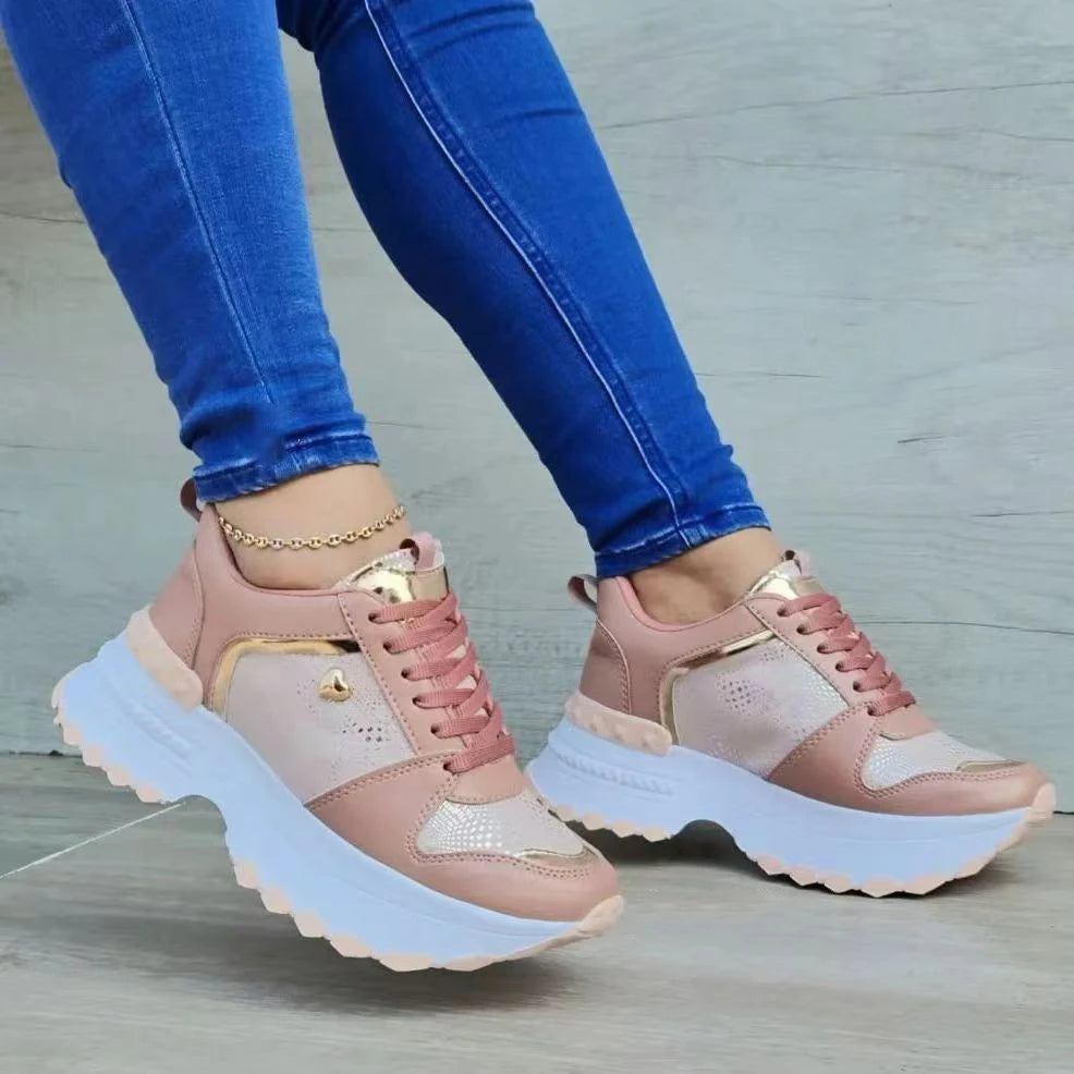 Spring autumn new low top shallow mouth thick bottom tie round head Fashion Female Lace Up casual sports shoes woman Pink
