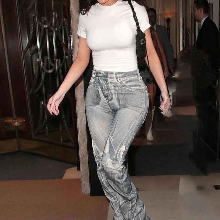 kliou Autumn Women Ankle-Length Casual Flare Pants K22P20690 Girl Street Print Slim Trousers Lady All-match Fake Denim Bottoms