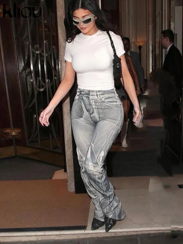 kliou Autumn Women Ankle-Length Casual Flare Pants K22P20690 Girl Street Print Slim Trousers Lady All-match Fake Denim Bottoms