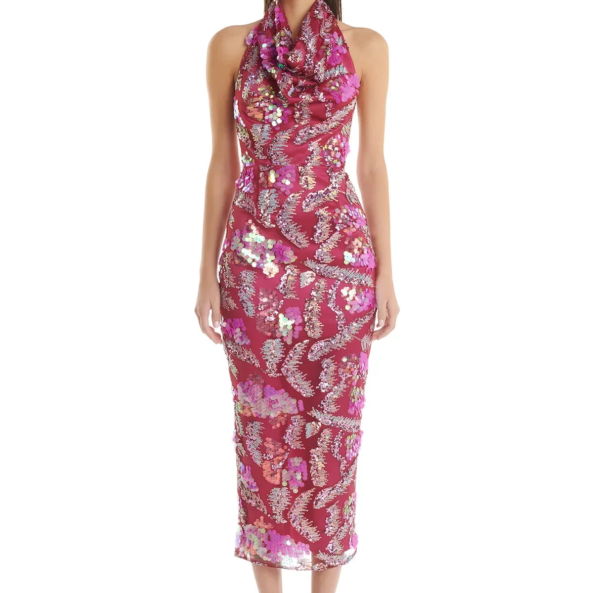 Rosered Women Sexy Halter Backless Sequins Embroidery Bodycon Long Dress Evening Party Fashion Birthday Outfit