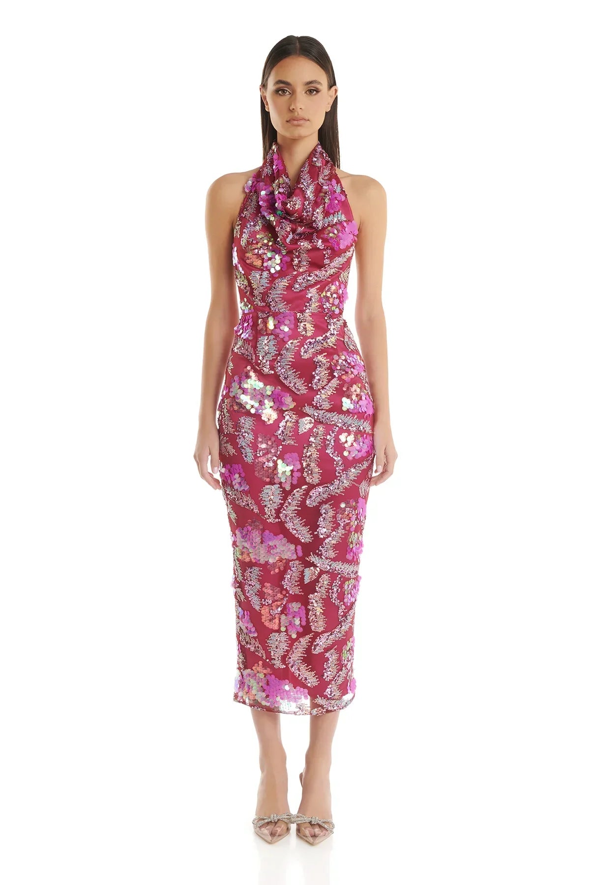 Rosered Women Sexy Halter Backless Sequins Embroidery Bodycon Long Dress Evening Party Fashion Birthday Outfit