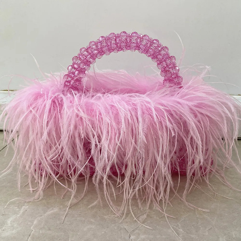 Pearl Bead Bag With Ostrich Feather Fur Designer Brand Clear Acrylic Crystal Stone Box Tote Handbag Women Handmade Party Purse pink