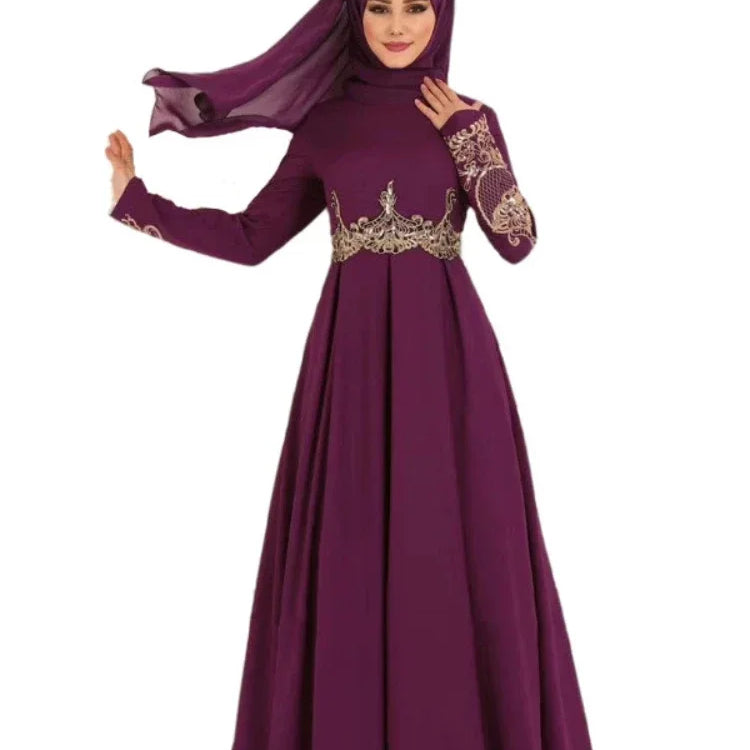 New In Women Dress NO Scarf Elegant Muslim Islam Abaya Embroidered Elastic Falbala High Waist Slim Party Robe Swing Robe Dresses Purple