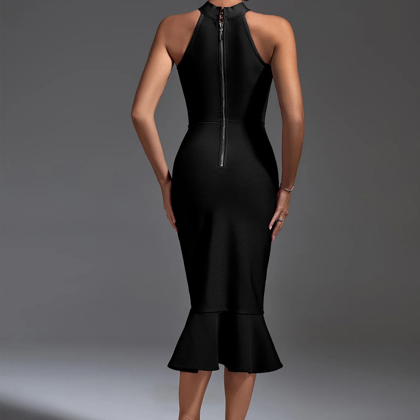 Black Bandage Dress Women Mdi Party Dress Bodycon Elegant Ruffle Mermaid Sexy Birthday Evening Club Outfits