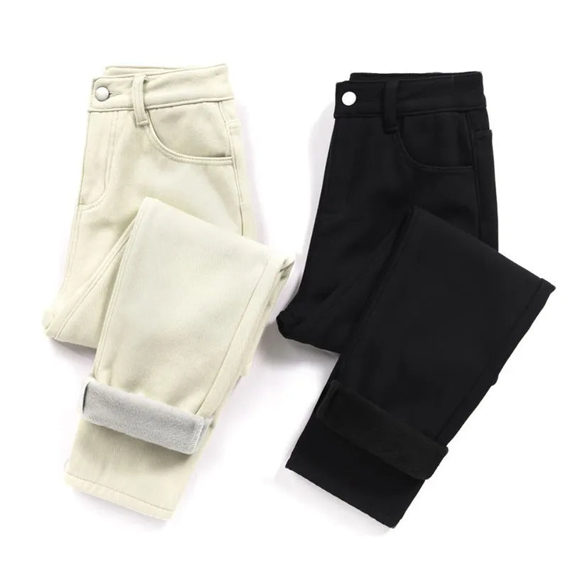 Women Denim Jeans Plus Velvet Autumn and Winter Regular Fit Straight Classic Fashion Warm Pants