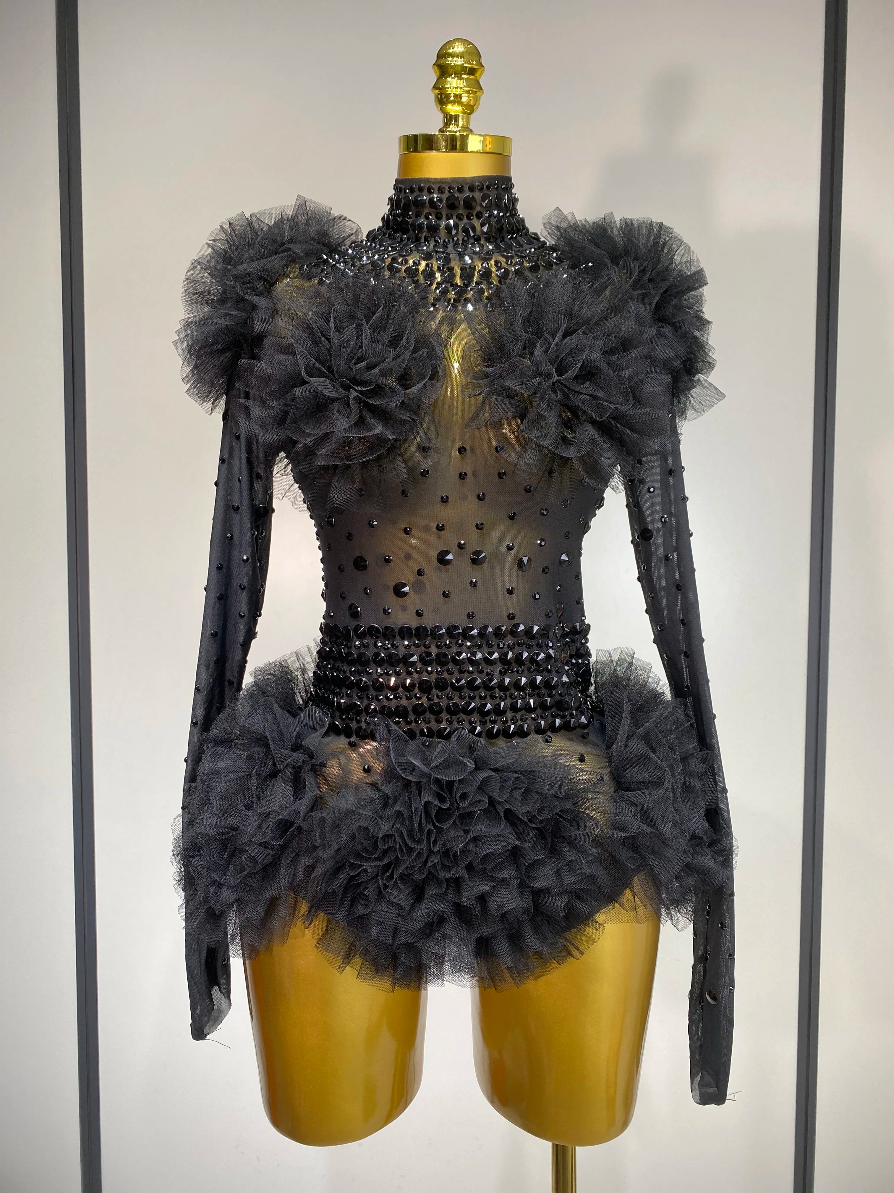 Sexy See Through Luxury Rhinestone Bodysuit Women Sexy Bodycon Mesh Ruffles Performance Dance Singer Nightclub Stage Outfit