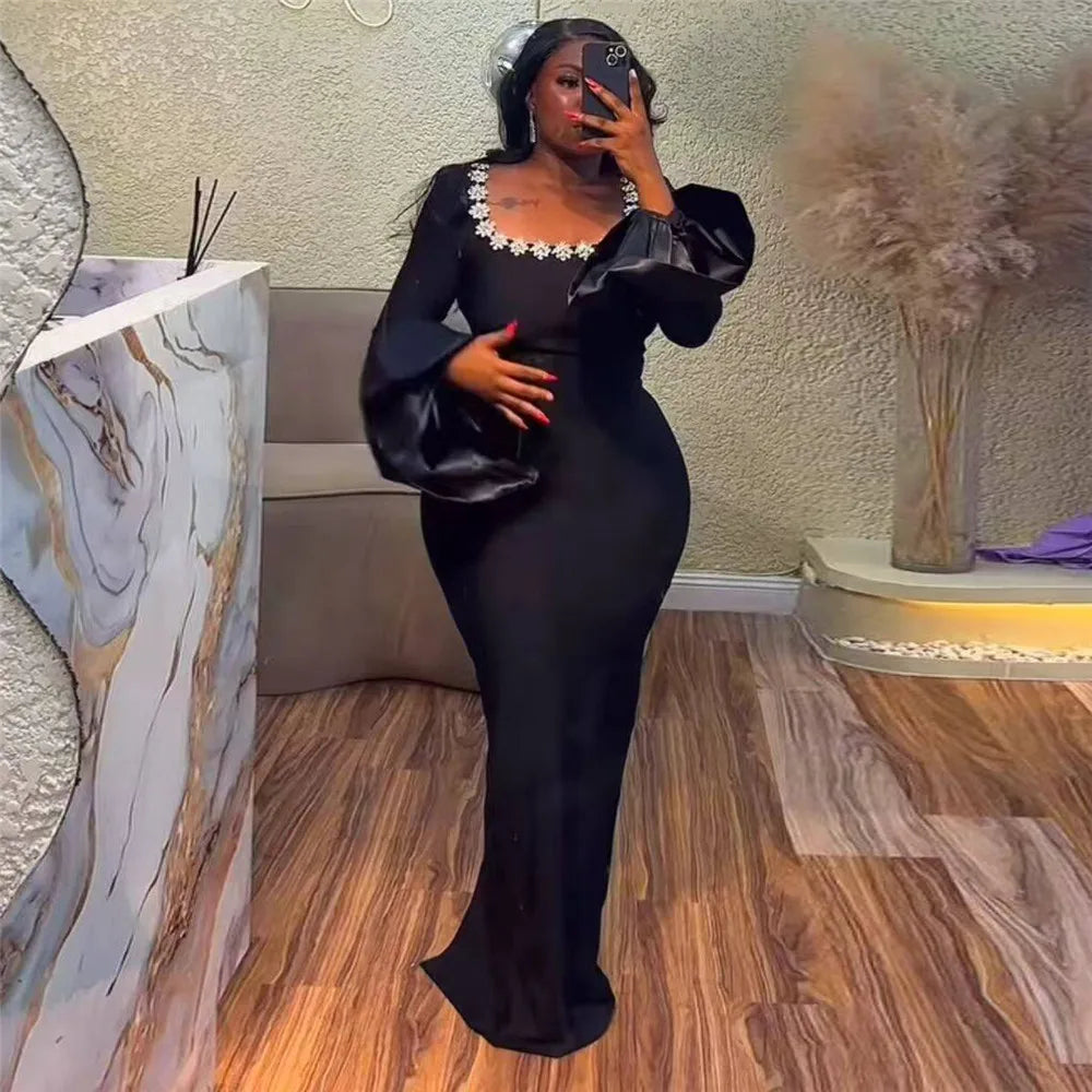 High Quality Women Long Sleeve Sexy Square Collar Shinning Crystal Bodycon Long Bandage Dress Celebrate Evening Party Outfit