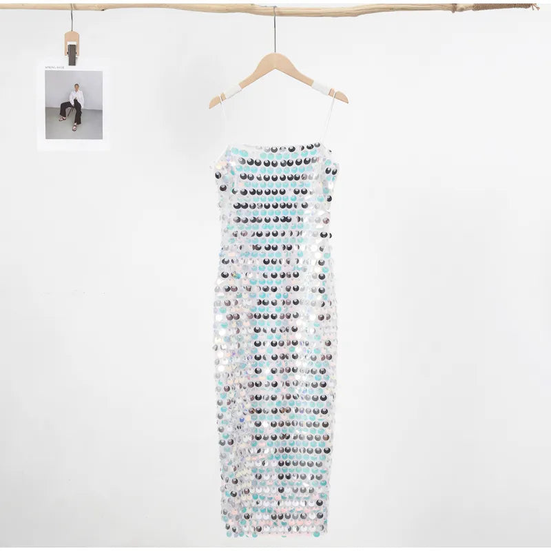 Sequined Tube Top Strap Dress Women Sexy Sleeveless Slim Solid Straight Long Vestidos Fashion Backless Slip Split Evening Robe Silver