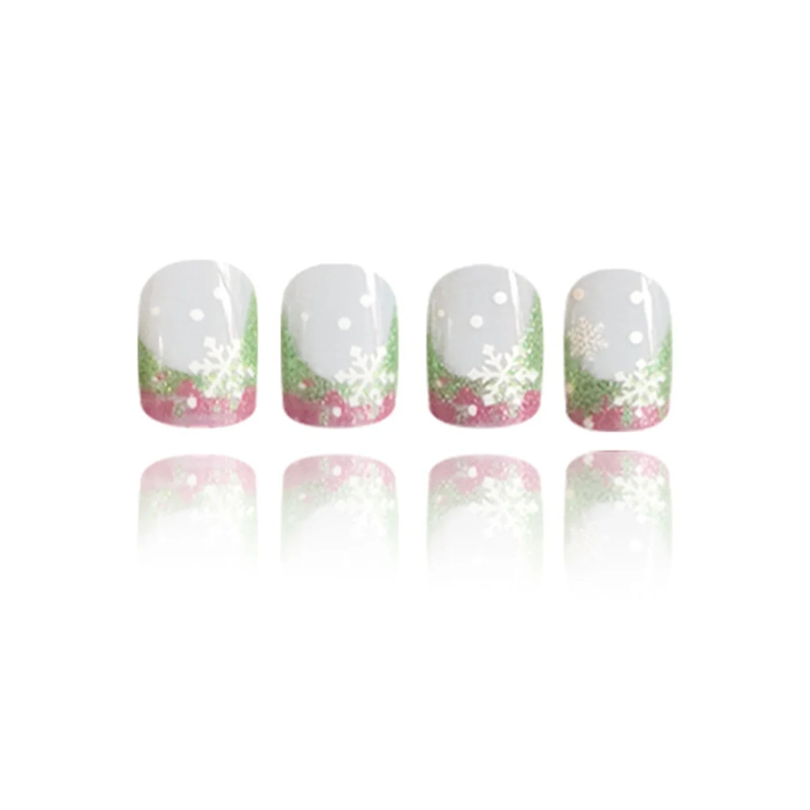 24Pcs Glossy Pink/Green Sequins French False Nails Nude Color Short Square Press On Nails Snowflake Printed Christmas Fake Nails