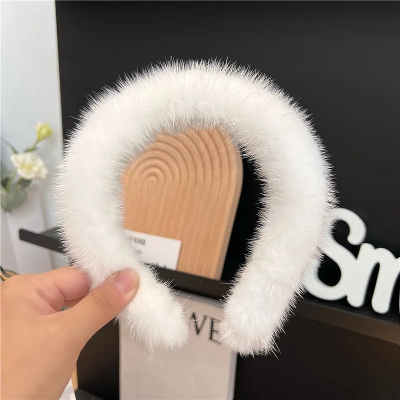 Hot Sale Women Luxury winter 100% Real Mink Fur Headbands High Quality Real Fur Hair Band Lady Fashion Hair Hoop Furry Gift White