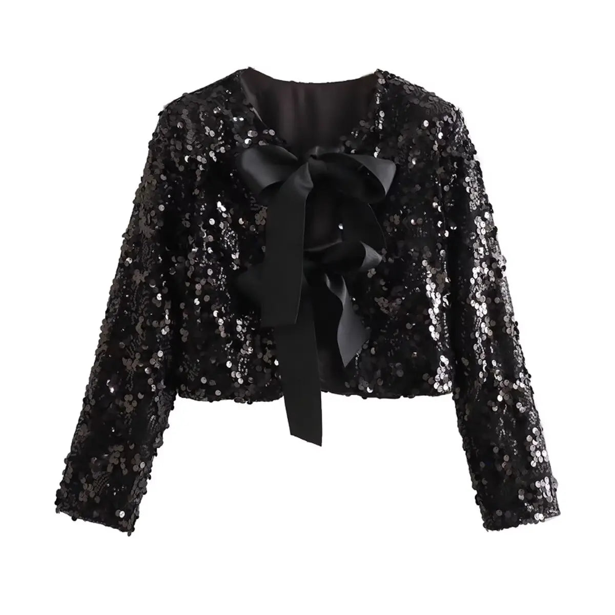 Spring Women's Fashion Black Blouses Long Sleeve With Sequins Bow Cardigans Female Chic Cropped Tops Streetwear black