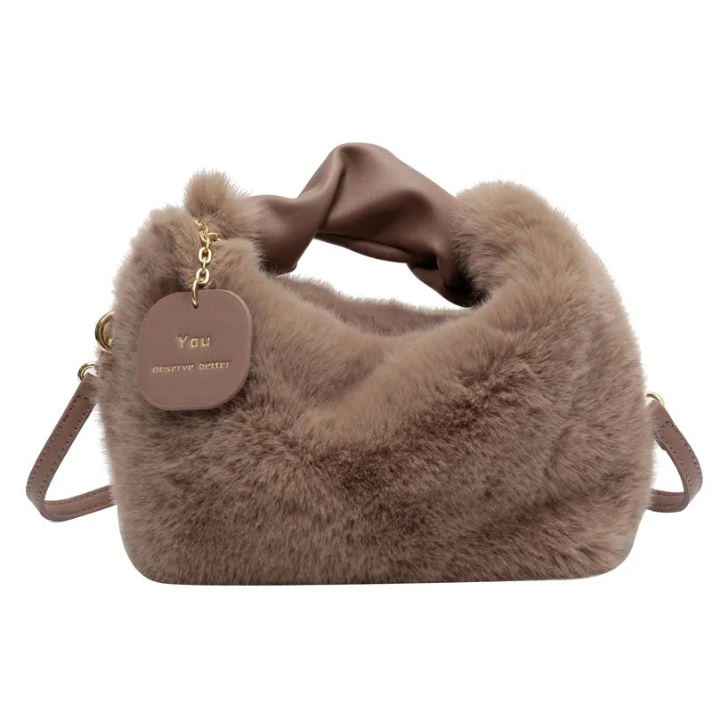 Women Faux Fur Handbags Zipper Small Lady Shoulder Crossbody Bag Casual Tote Half-Moon Hobos Winder A style gray