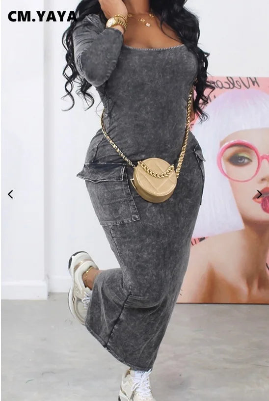 CM.YAYA Girl Print Long Sleeve Women Dress Pocket 2024 Spring Square Collar Bodycon Vestidos Boho Night Club Long Maxi Dresses