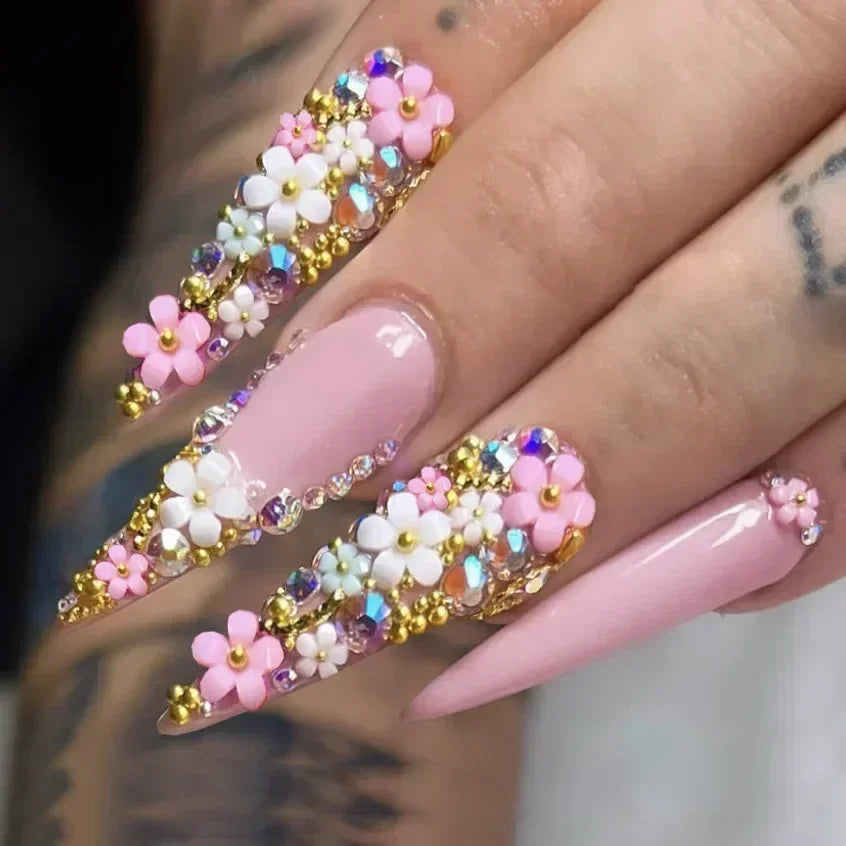 24Pcs French False Nails With Purple Edge  Almond Bow Flower Design Detachable Acrylic Fake Nails Long Stiletto Press On Nails