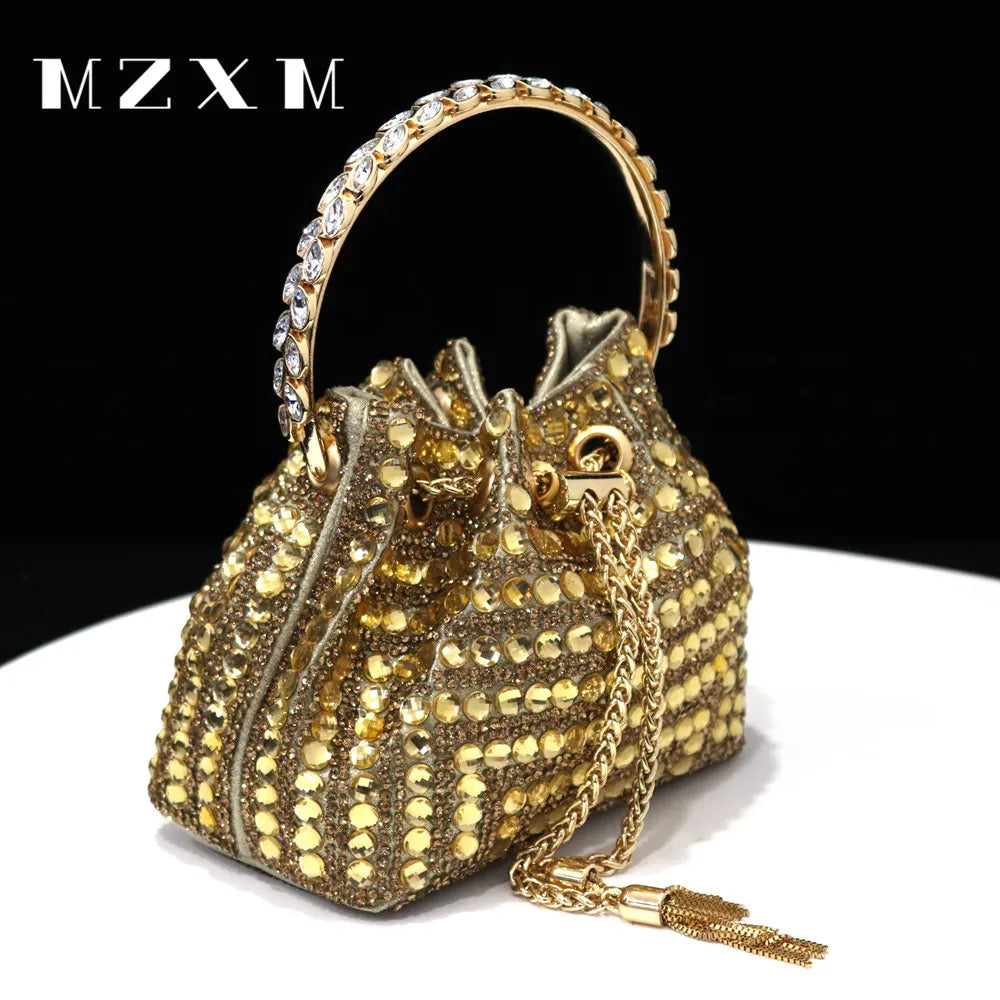 Rhinestones Women Evening Bags Bucket Design Party Day Clutch Soft Mixed Color Handle Design Handbags Purse Mature Gold 15x9x13cm