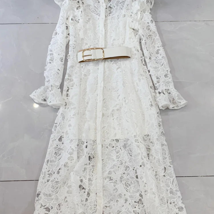 LGRQ Elegant High Quality Lace Embroidery Pattern Design Women's Dresses Evening Belt New Hollow Out Luxury Fashion 19F1371