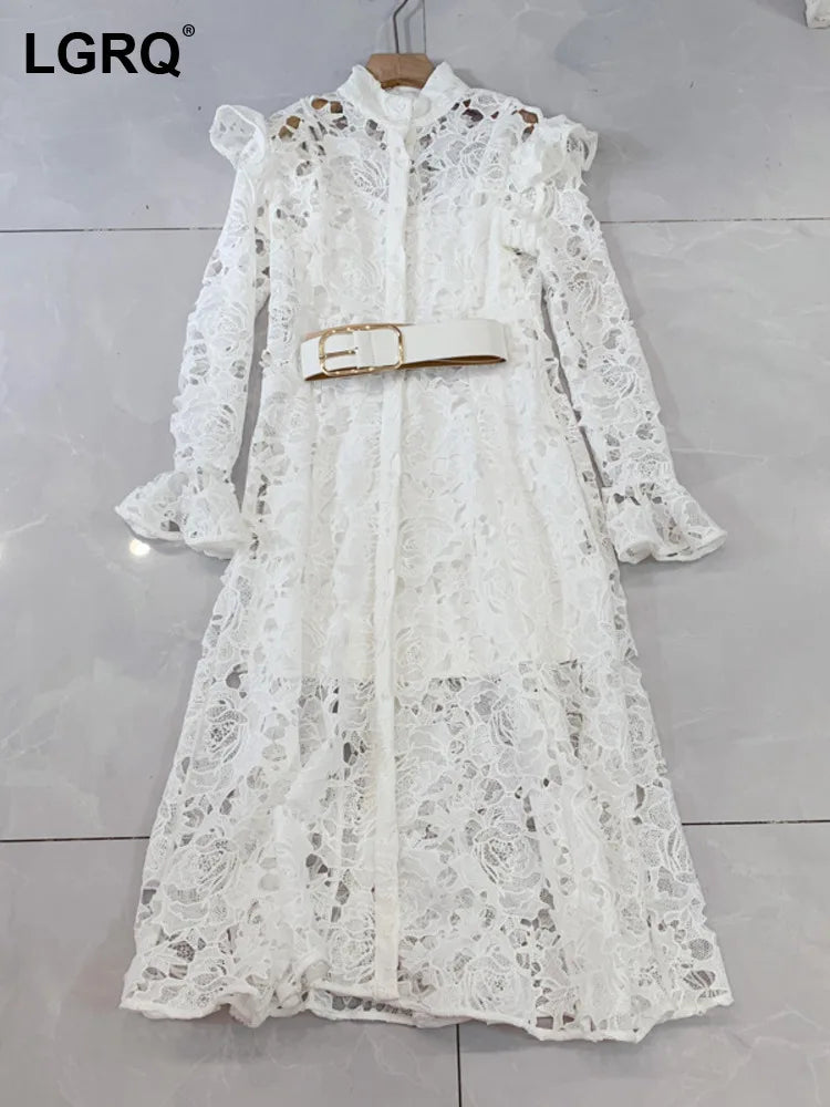LGRQ Elegant High Quality Lace Embroidery Pattern Design Women's Dresses Evening Belt New Hollow Out Luxury Fashion 19F1371
